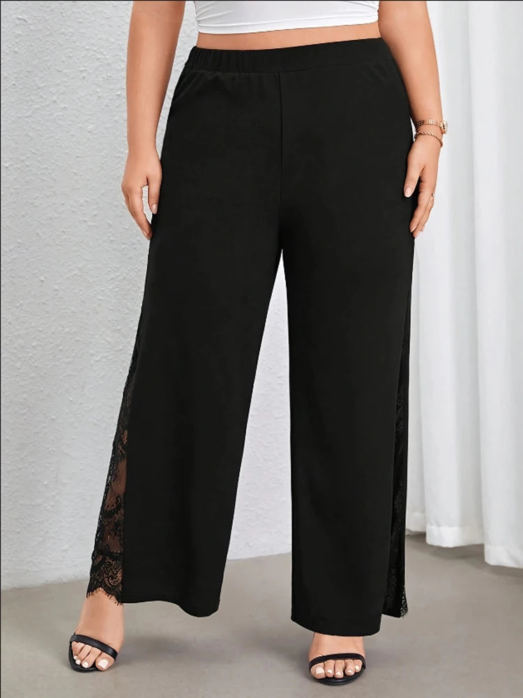 Plus Size Wide-Leg Pants with Lace Side Panels – Black Elegance