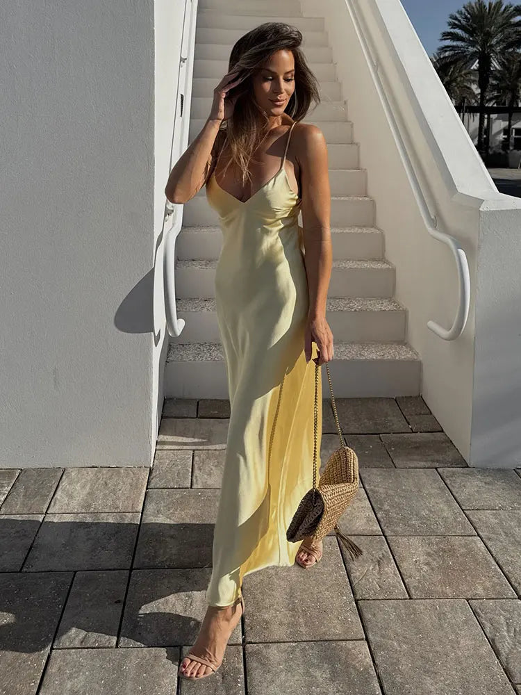 Light Yellow Satin Midi Dress – Chic & Simple