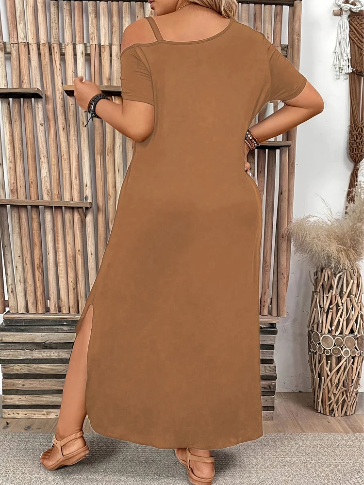 Women's Black Off-Shoulder Maxi Dress – Casual Loose Fit with Pockets