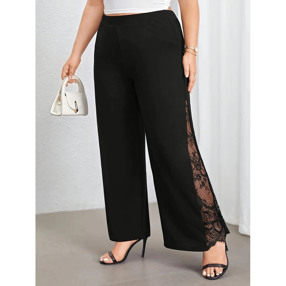 Plus Size Wide-Leg Pants with Lace Side Panels – Black Elegance