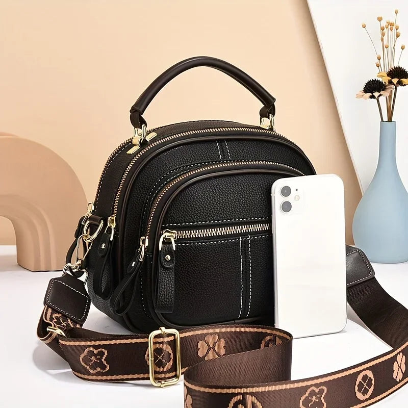 Structured Black Crossbody Handbag – Elegant Multi-Pocket Design