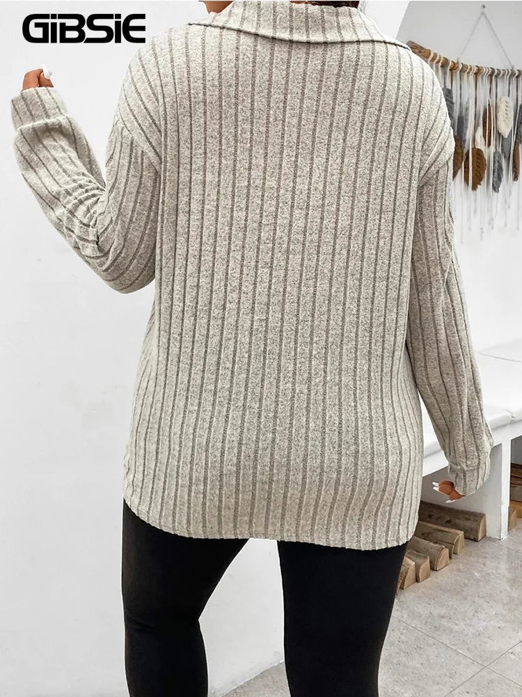 Women's Grey Ribbed Knit Pullover – Long Sleeve V-Neck with Collar
