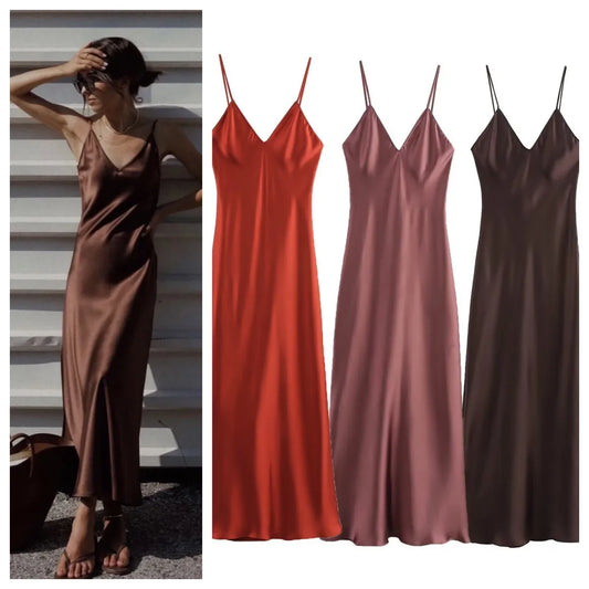 Satin Slip Midi Dress – Minimal Chic in Rust, Rose & Cocoa