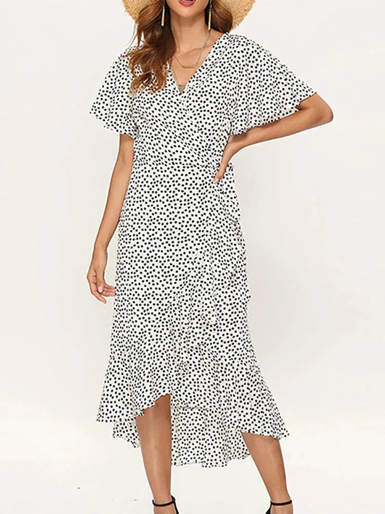 Green Floral Ruffle Wrap Dress – Flowy Boho Elegance
