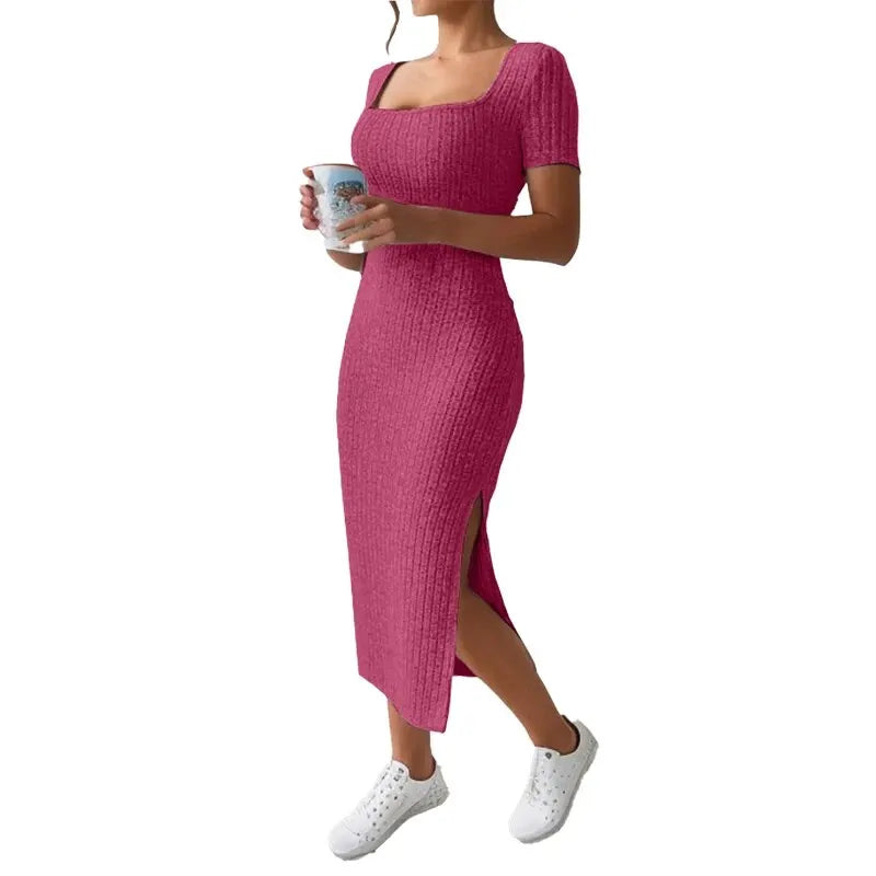 Grey Ribbed Knit Bodycon Midi Dress – Square Neck Elegance
