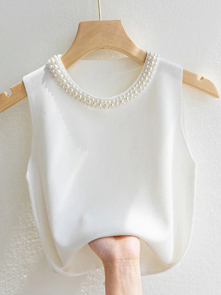 Pearl Embellished Sleeveless Knit Top – Elegant & Minimalist