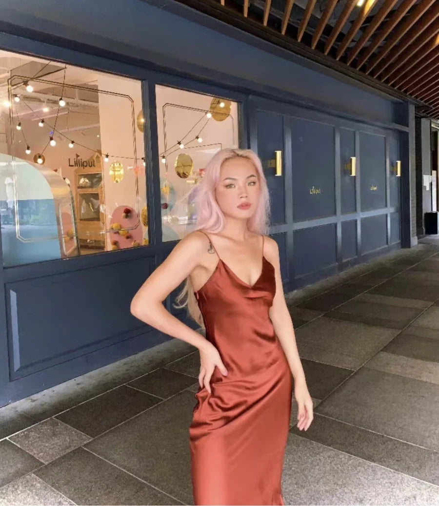 Satin Slip Midi Dress – Minimal Chic in Rust, Rose & Cocoa