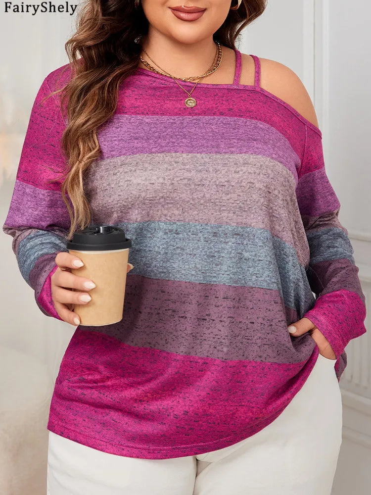 Plus Size Striped Cold Shoulder Long Sleeve Top – Casual Loose Fit