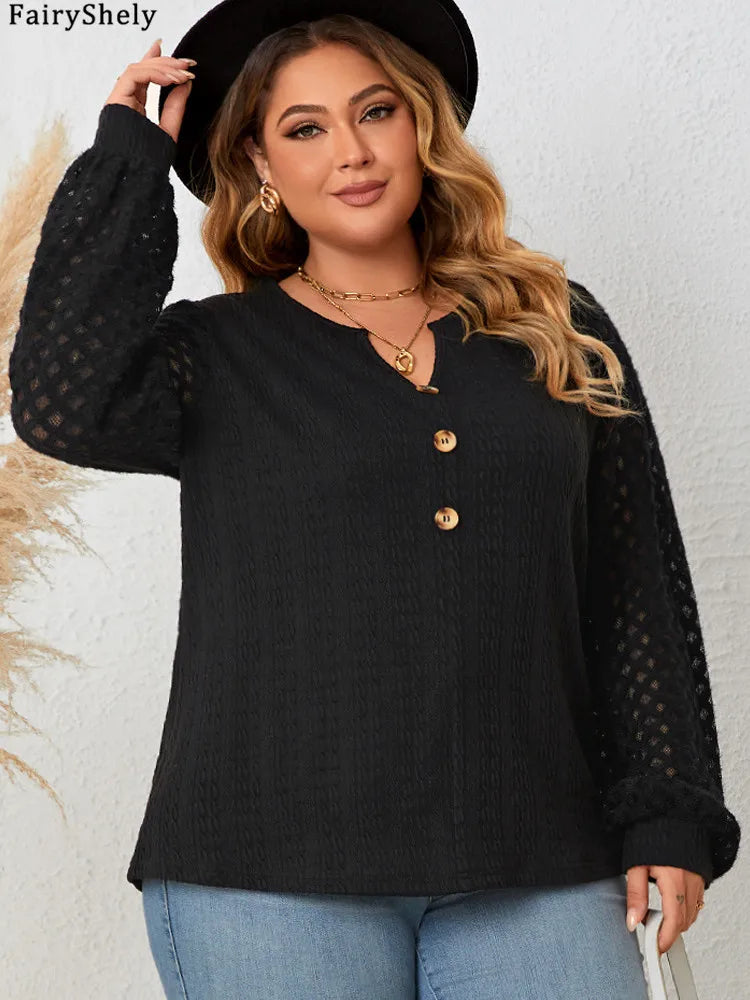 Women's Black Textured Blouse – Long Sleeve with Button Front Detail