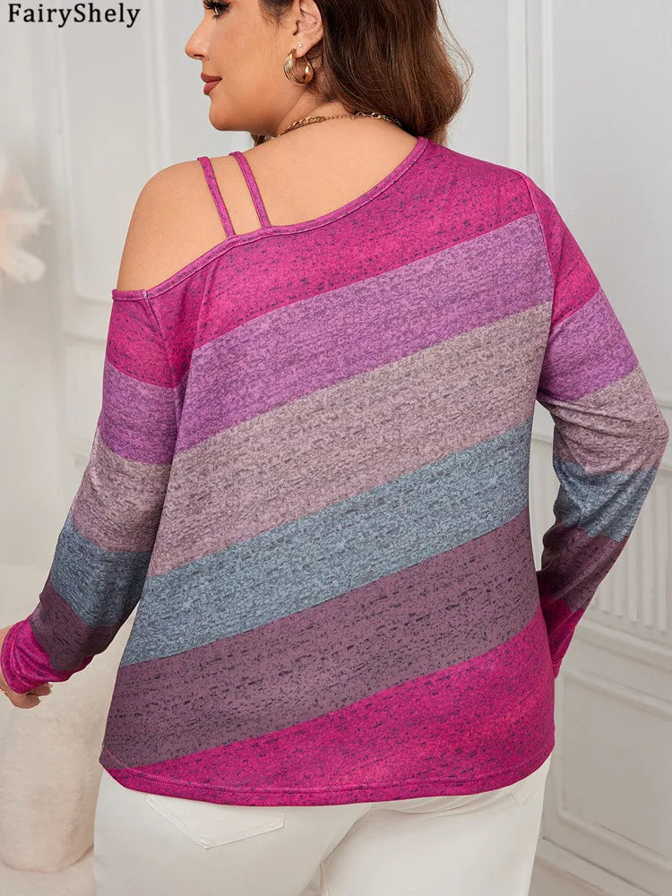 Plus Size Striped Cold Shoulder Long Sleeve Top – Casual Loose Fit