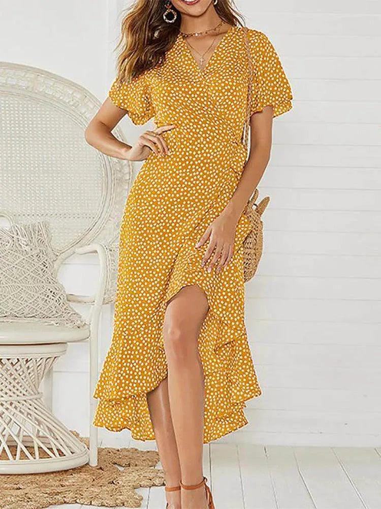 Green Floral Ruffle Wrap Dress – Flowy Boho Elegance