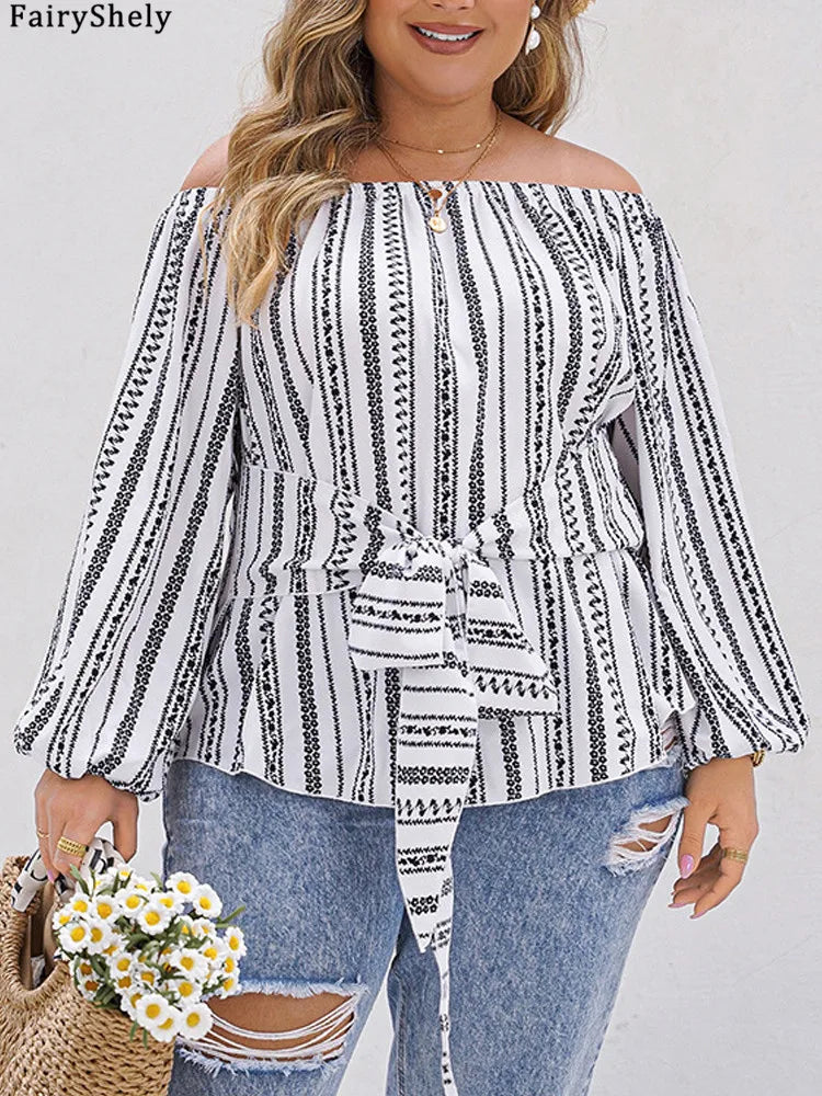 Women's Off-Shoulder Striped Top with Waist Tie – Elegant Casual Boho Style