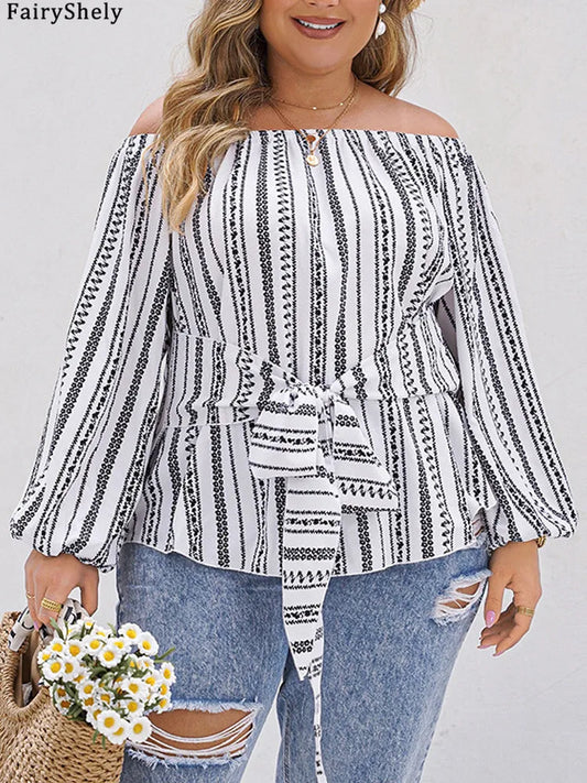 Women's Off-Shoulder Striped Top with Waist Tie – Elegant Casual Boho Style