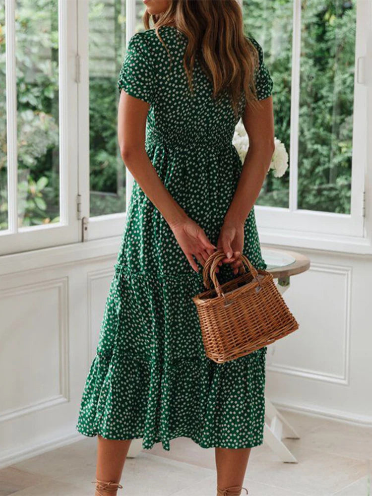Green Floral Puff Sleeve Maxi Dress with Tiered Skirt
