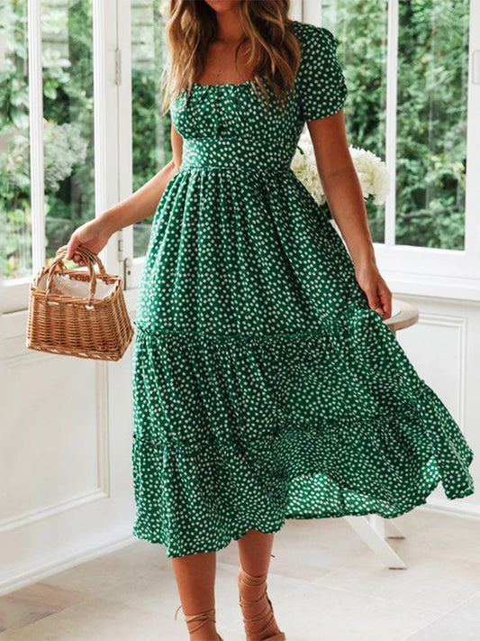 Green Floral Puff Sleeve Maxi Dress with Tiered Skirt