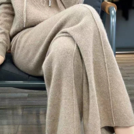 Beige Knit Loungewear Set – Hoodie & Wide-Leg Pants