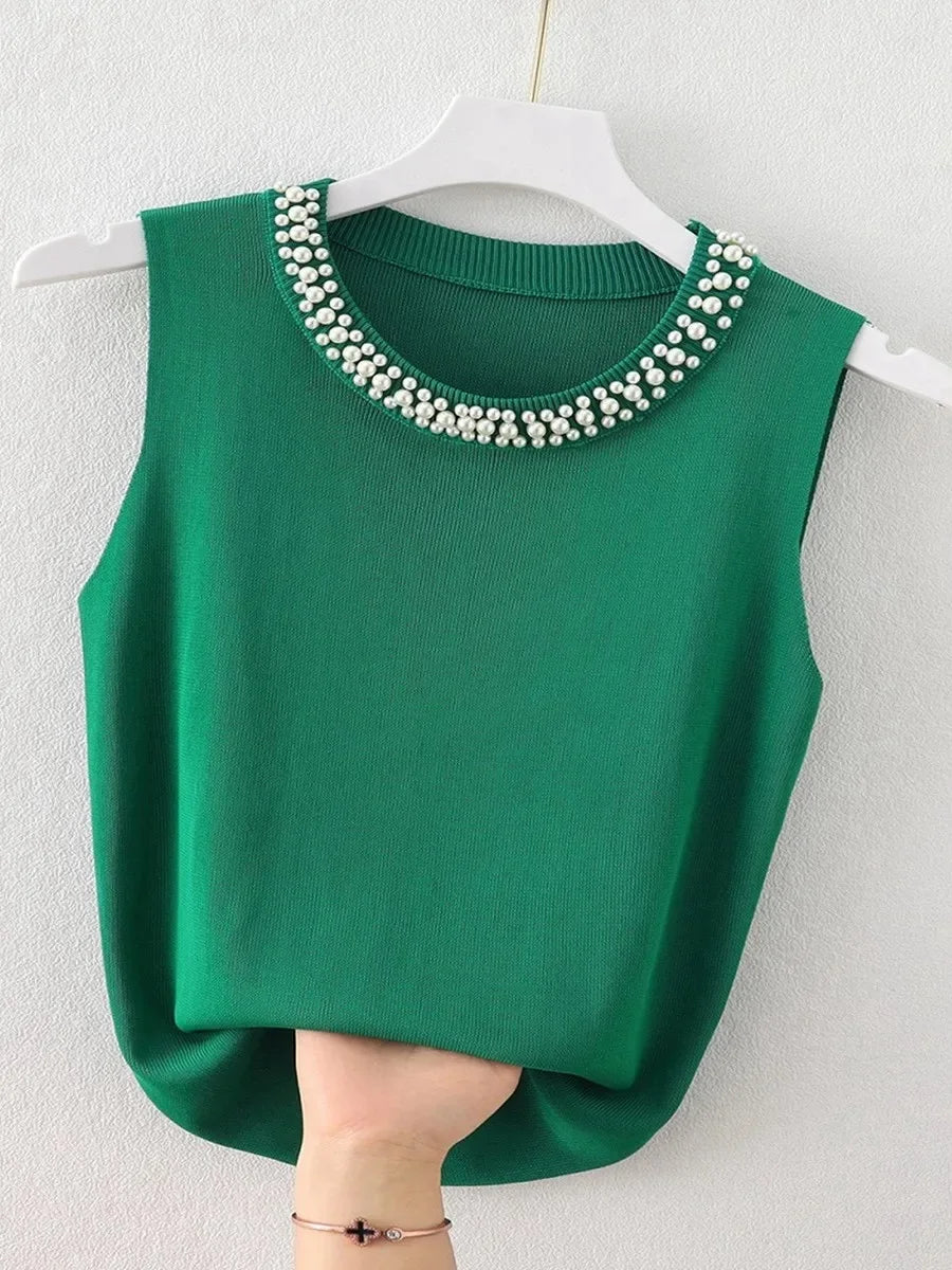 Pearl Embellished Sleeveless Knit Top – Elegant & Minimalist