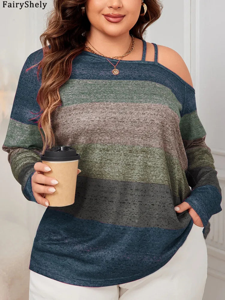 Plus Size Striped Cold Shoulder Long Sleeve Top – Casual Loose Fit