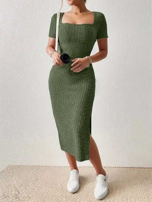 Grey Ribbed Knit Bodycon Midi Dress – Square Neck Elegance
