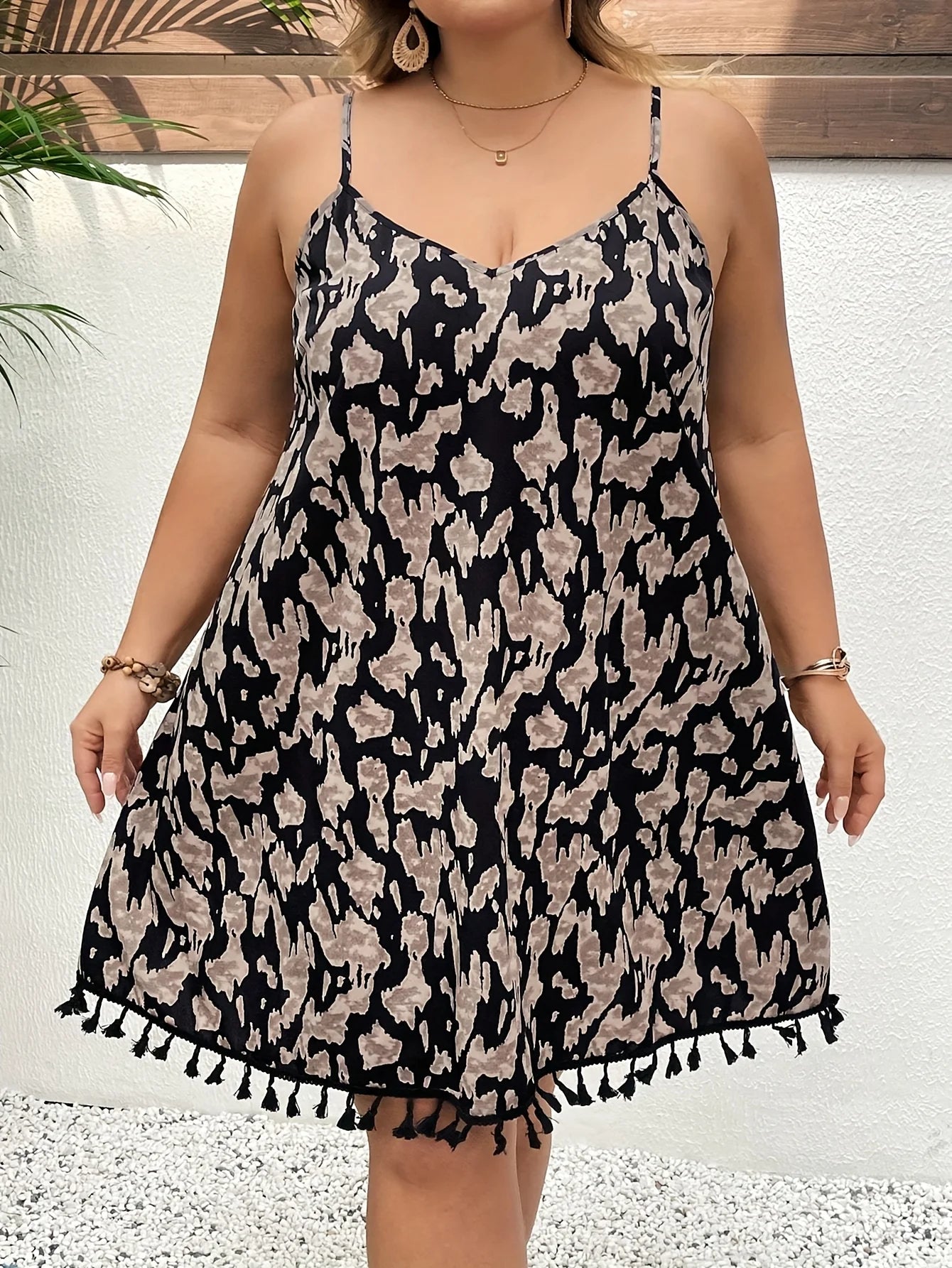 Plus Size Sleeveless A-Line Mini Dress with Tassel Hem – Animal Print