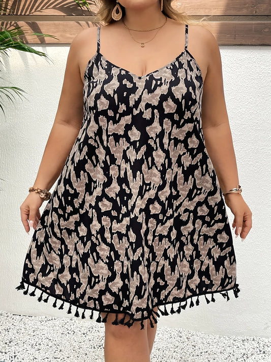 Plus Size Sleeveless A-Line Mini Dress with Tassel Hem – Animal Print