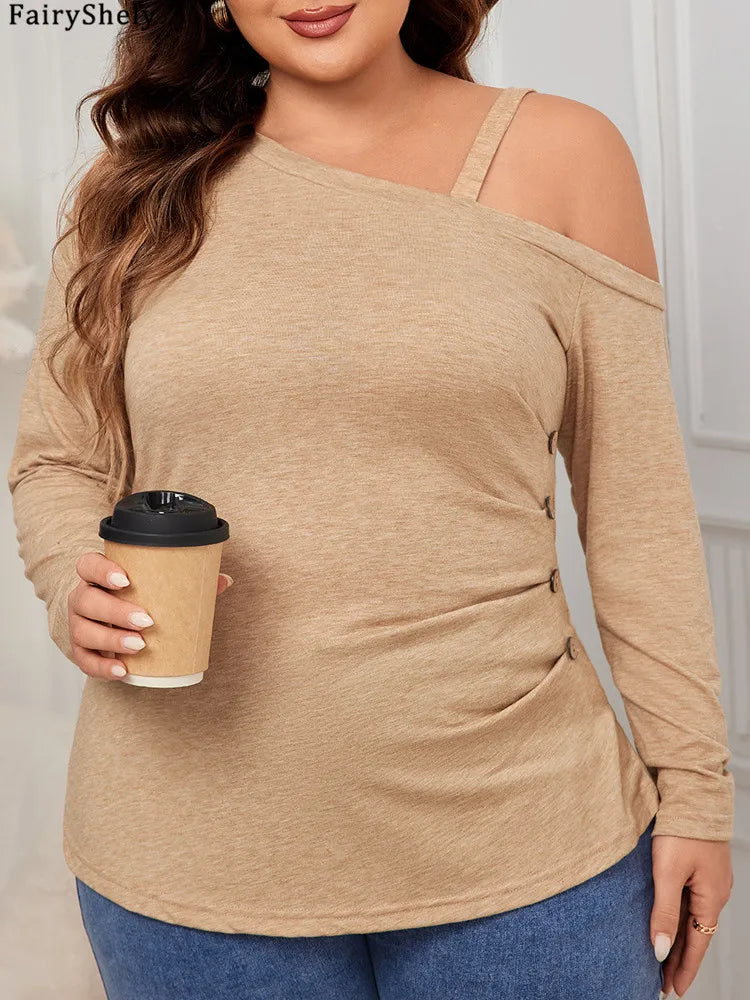 Women's Beige Long Sleeve Top with Cold Shoulder and Button Side Detail – Elegant Casual Style