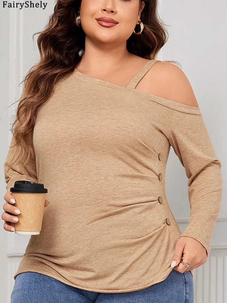 Women's Beige Long Sleeve Top with Cold Shoulder and Button Side Detail – Elegant Casual Style