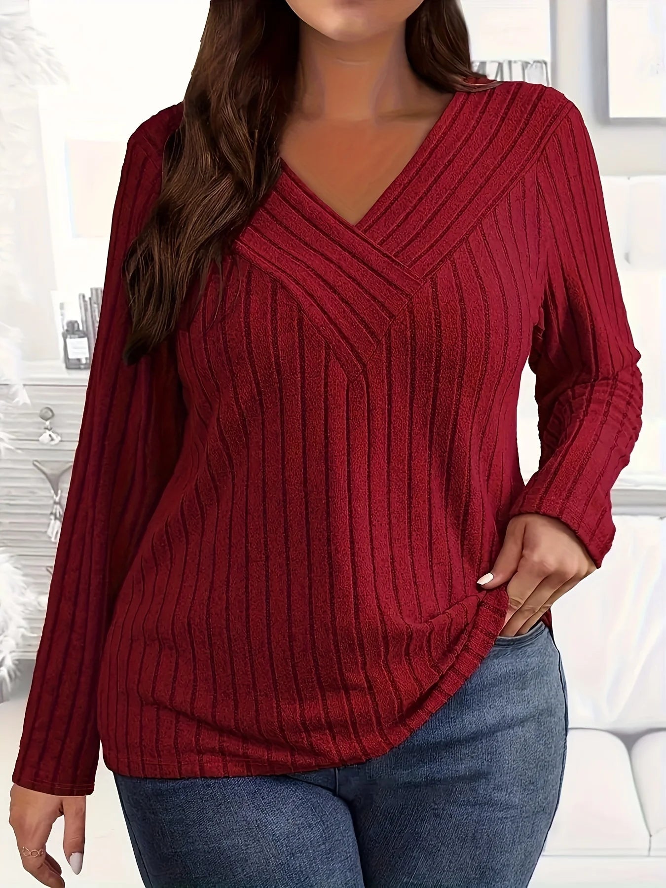 Plus Size V-Neck Striped Long Sleeve Top – Beige Chic