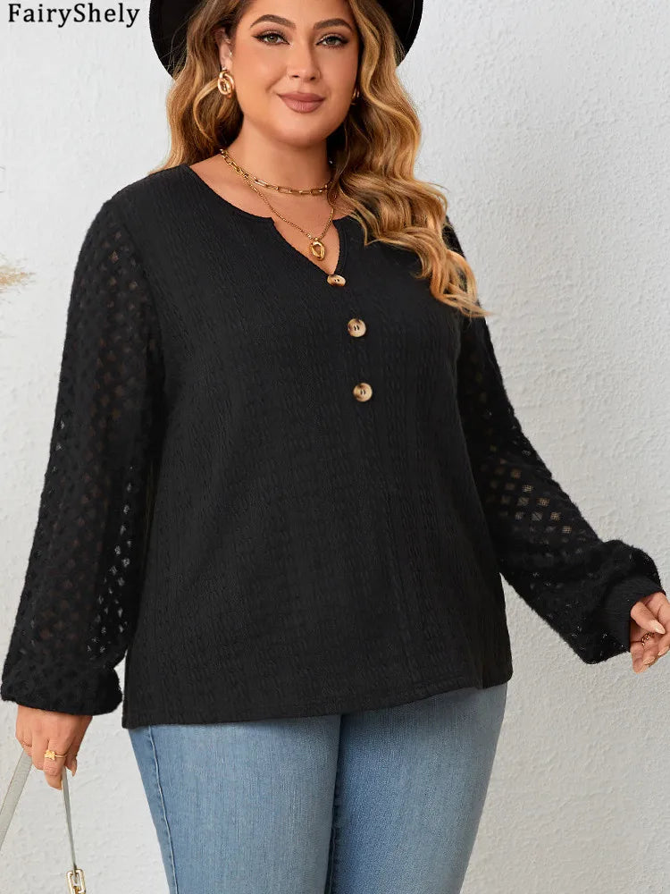 Women's Black Textured Blouse – Long Sleeve with Button Front Detail
