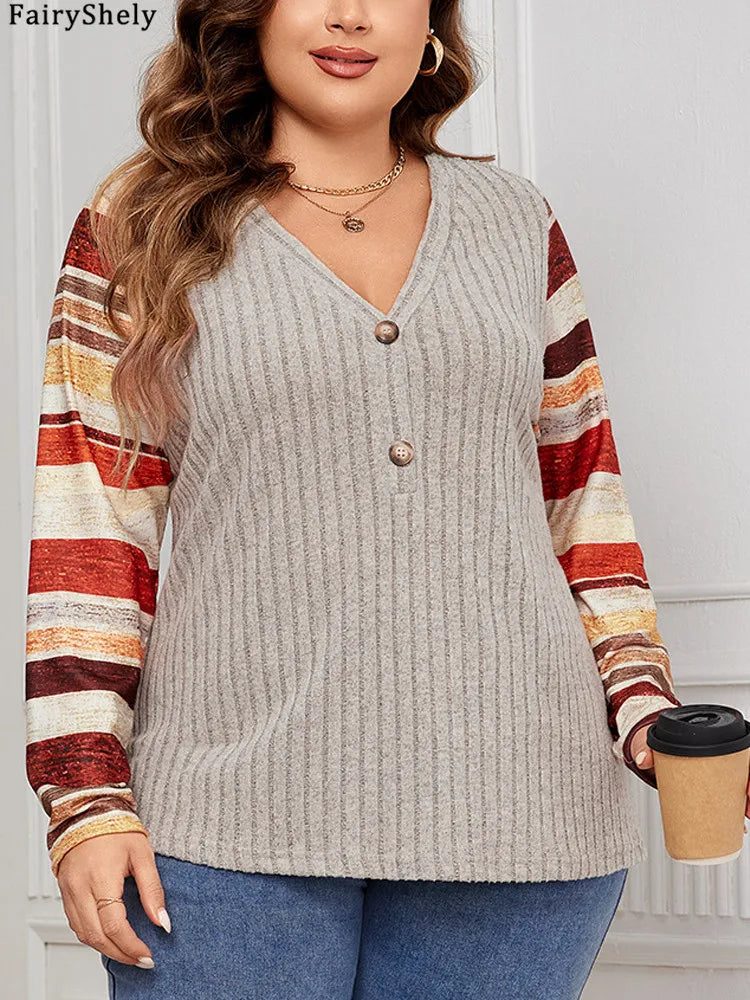 Women's Color Block Long Sleeve Sweater Top – V-Neck with Decorative Buttons