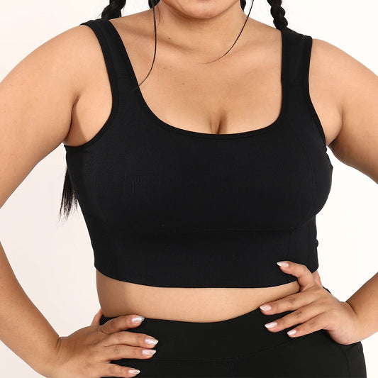 Plus Size Black Ribbed Crop Tank Top – Stretchy Sleeveless Activewear
