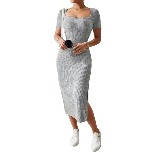 Grey Ribbed Knit Bodycon Midi Dress – Square Neck Elegance