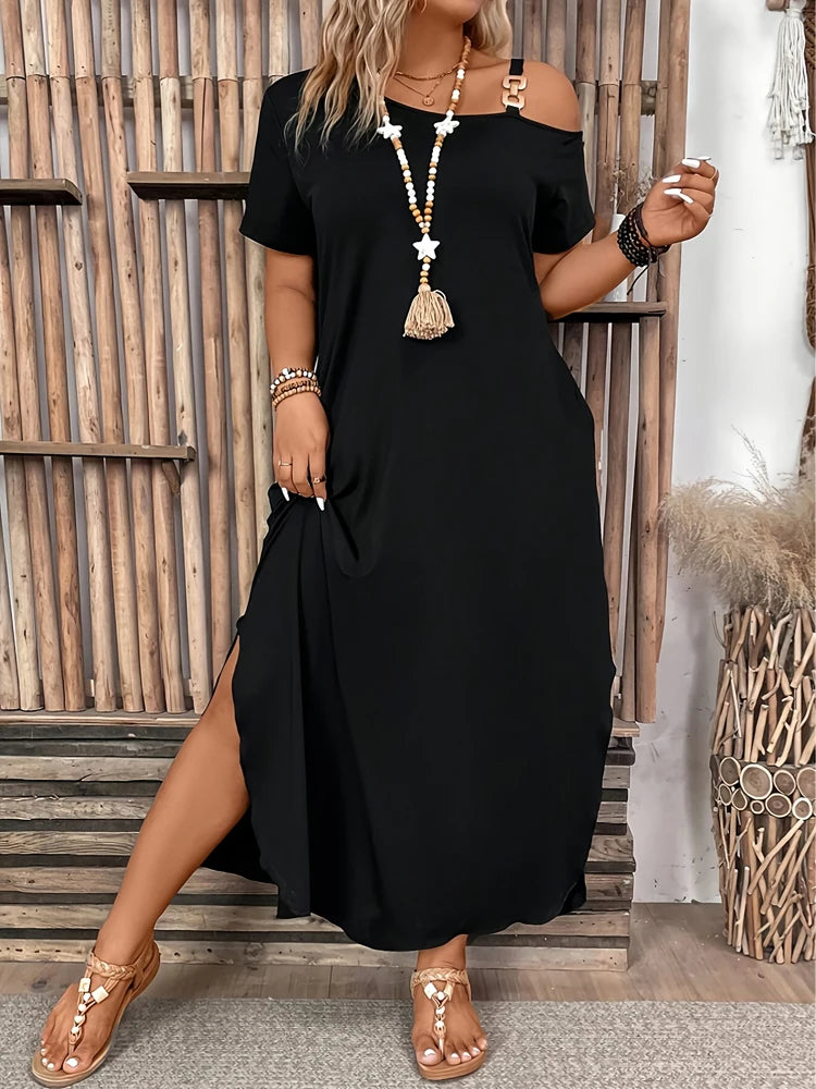 Women's Black Off-Shoulder Maxi Dress – Casual Loose Fit with Pockets