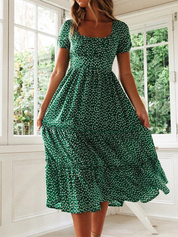 Green Floral Puff Sleeve Maxi Dress with Tiered Skirt