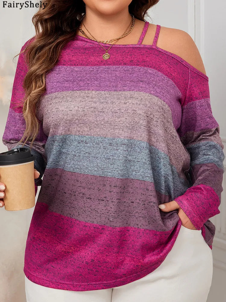 Plus Size Striped Cold Shoulder Long Sleeve Top – Casual Loose Fit