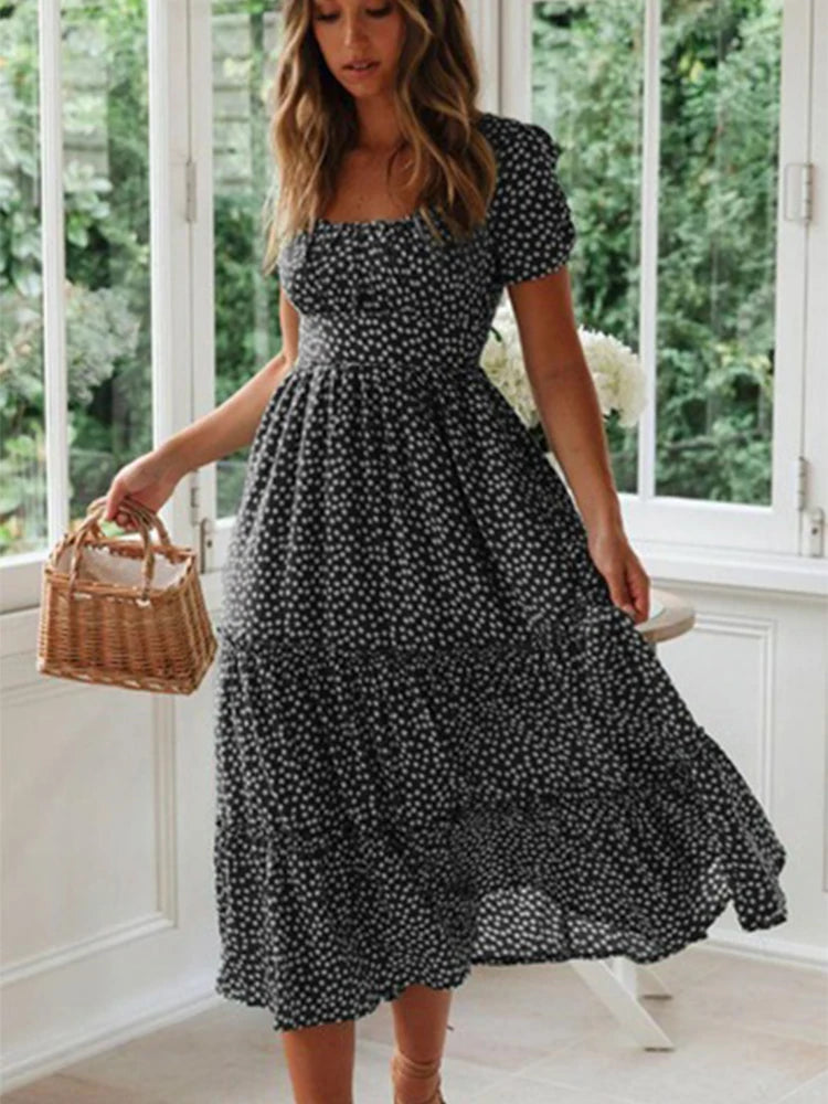 Green Floral Puff Sleeve Maxi Dress with Tiered Skirt