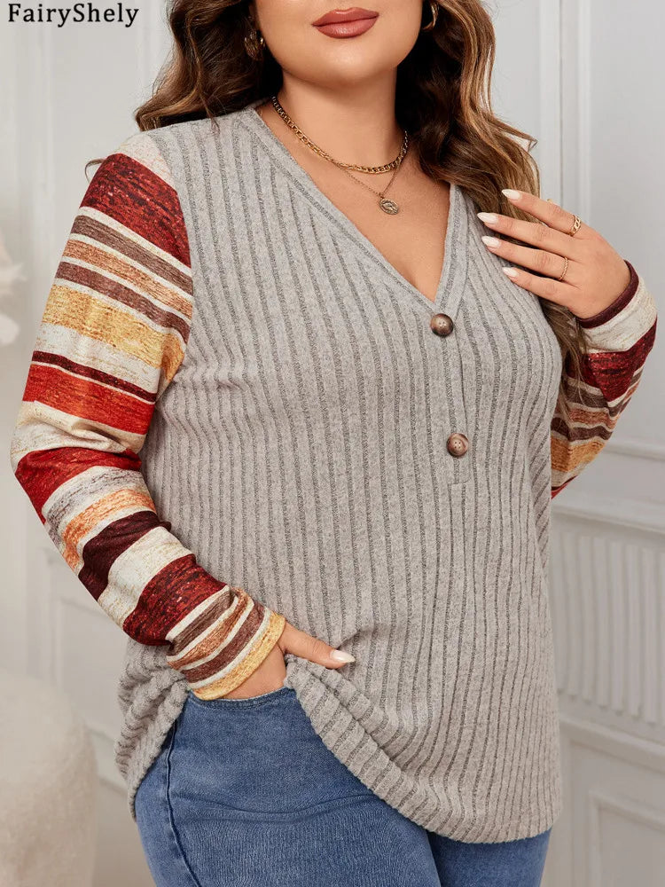Women's Color Block Long Sleeve Sweater Top – V-Neck with Decorative Buttons