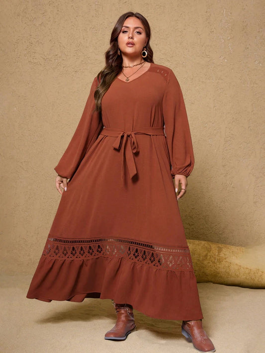 Plus Size Long Sleeve Maxi Dress with Lace Trim – Rust Brown