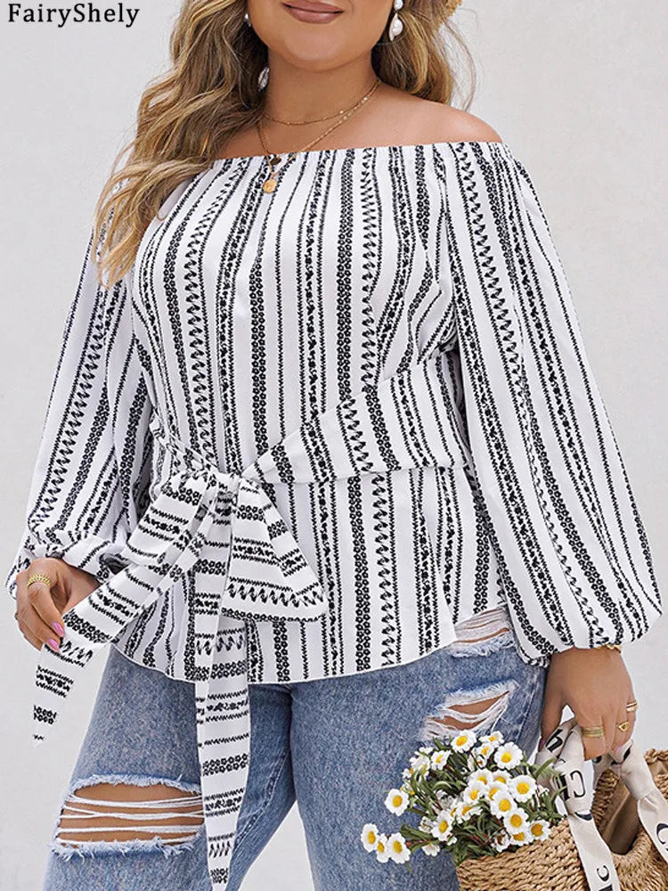 Women's Off-Shoulder Striped Top with Waist Tie – Elegant Casual Boho Style