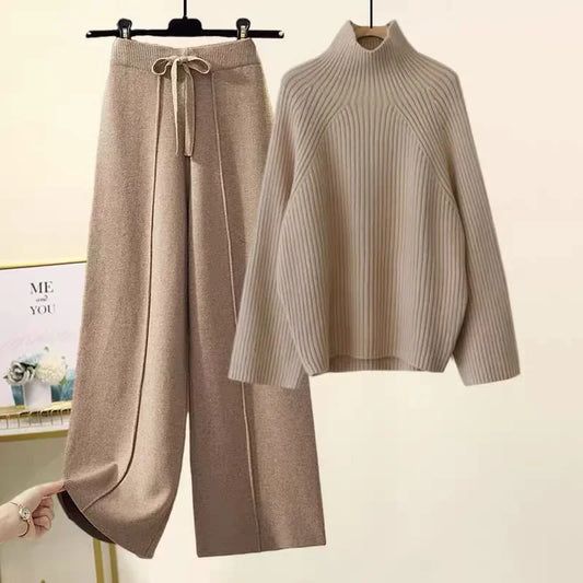 2023 New Women's Autumn Winter Korean Style Sweater With Ninefths Pendant Bell Bottoms Suit Two-Piece Set Fashionable Streetwear