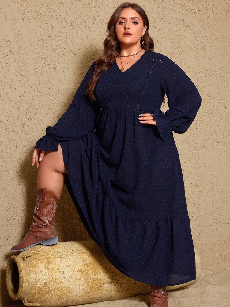 Plus Size Long Sleeve Maxi Dress with Ruffle Hem – Navy Blue