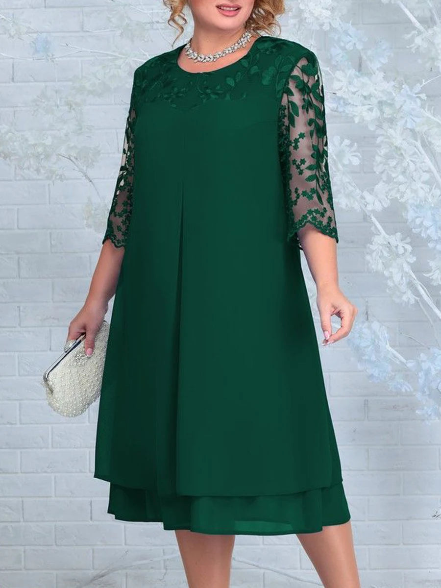 Plus Size Royal Blue Chiffon Dress with Embroidered Lace Sleeves – Elegant Knee-Length