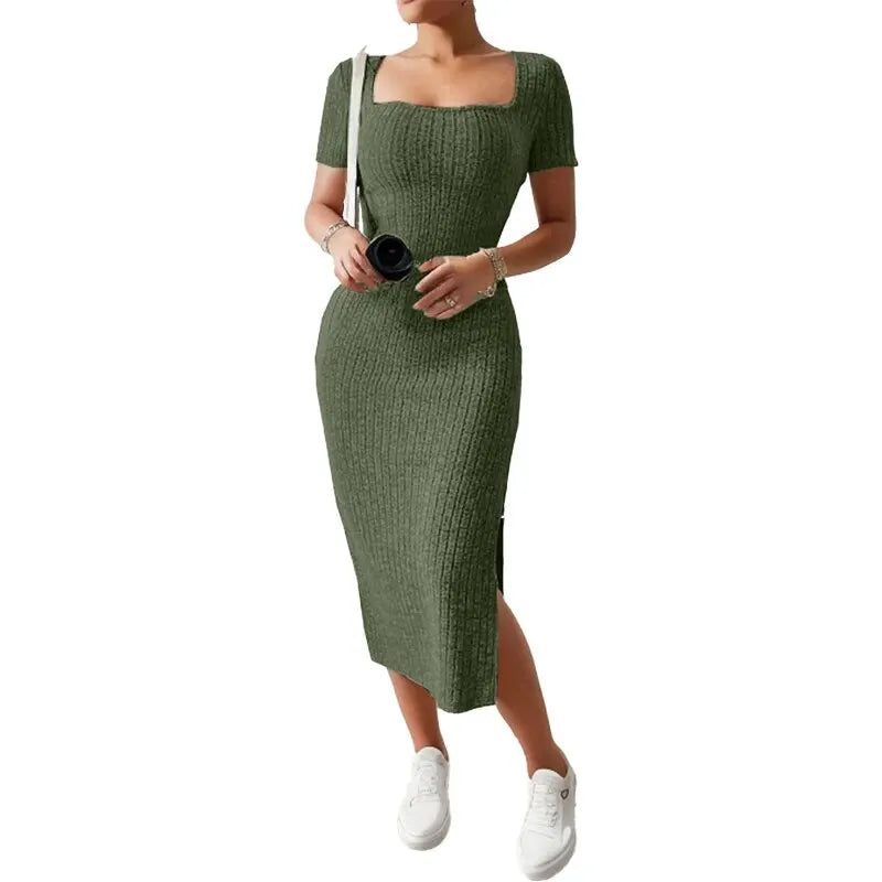 Grey Ribbed Knit Bodycon Midi Dress – Square Neck Elegance