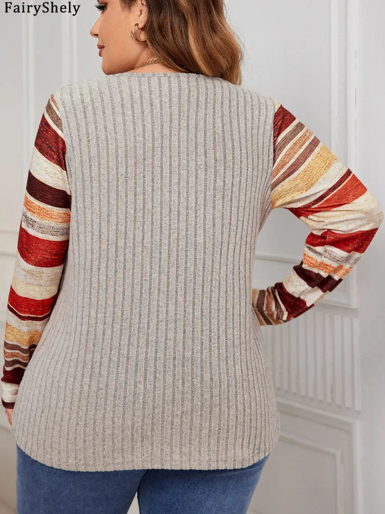 Women's Color Block Long Sleeve Sweater Top – V-Neck with Decorative Buttons
