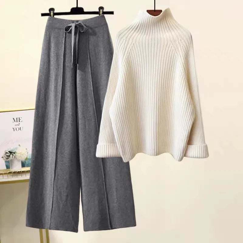2023 New Women's Autumn Winter Korean Style Sweater With Ninefths Pendant Bell Bottoms Suit Two-Piece Set Fashionable Streetwear