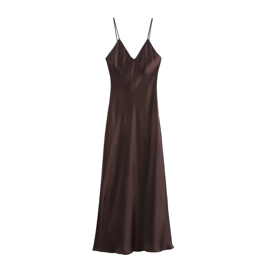 Satin Slip Midi Dress – Minimal Chic in Rust, Rose & Cocoa