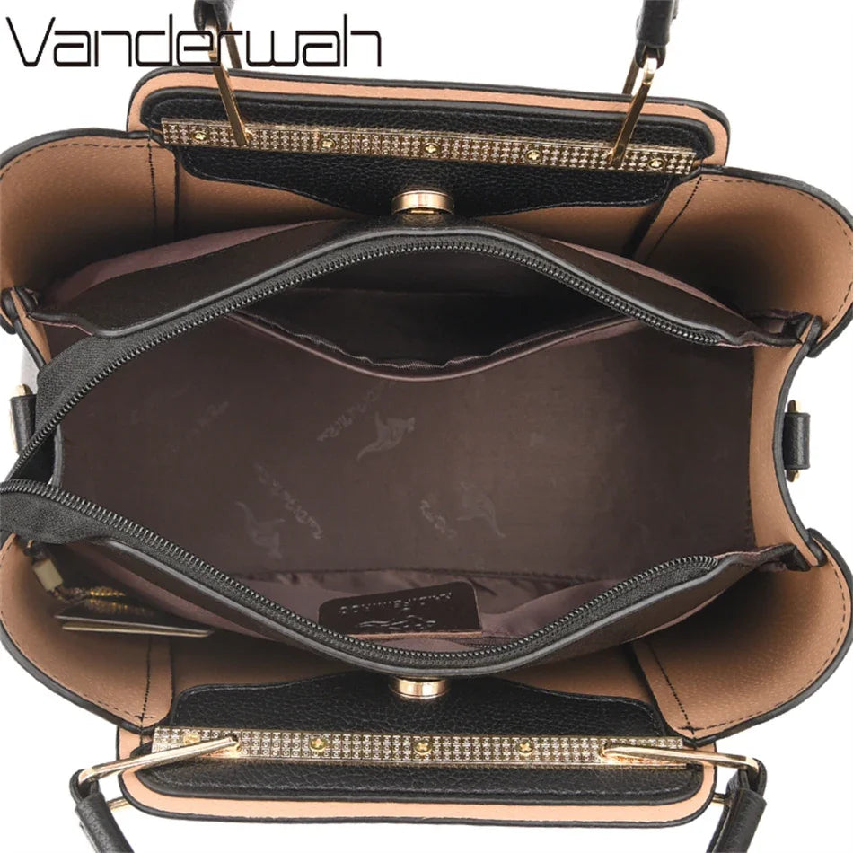 Elegant Black Structured Handbag – Gold Accent Tote by Vanderwah