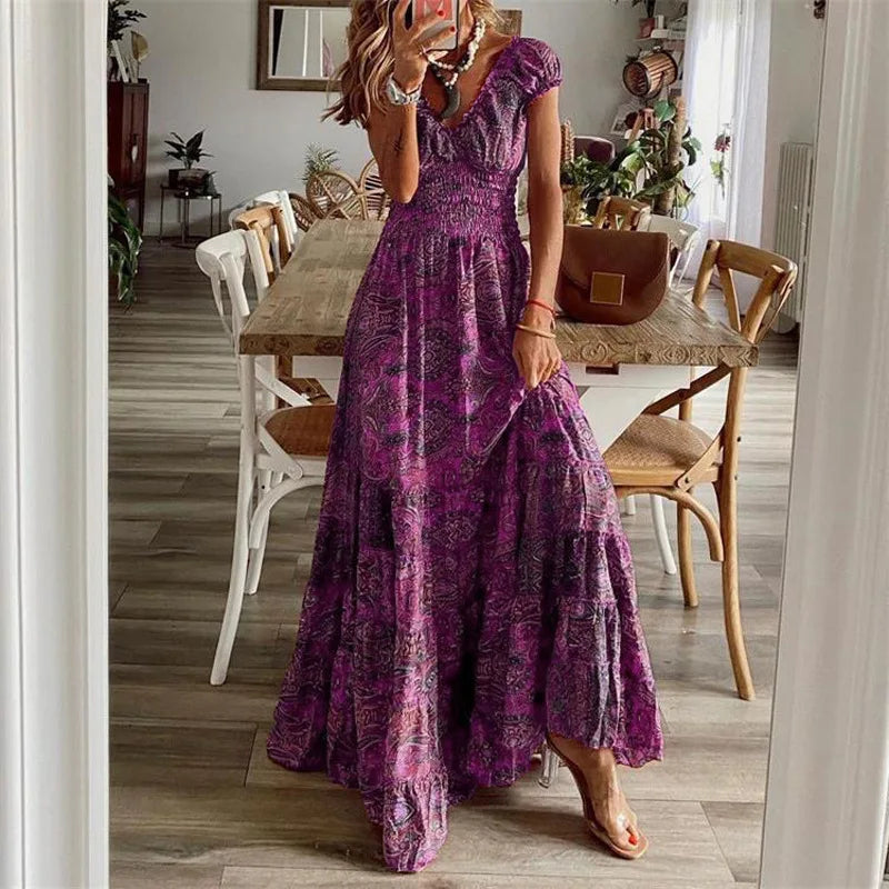 Bohemian Floral Maxi Dress with Smocked Waist & Ruffle Hem