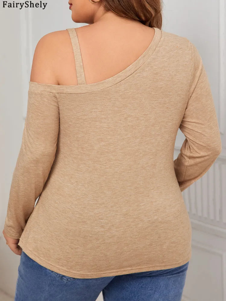 Women's Beige Long Sleeve Top with Cold Shoulder and Button Side Detail – Elegant Casual Style