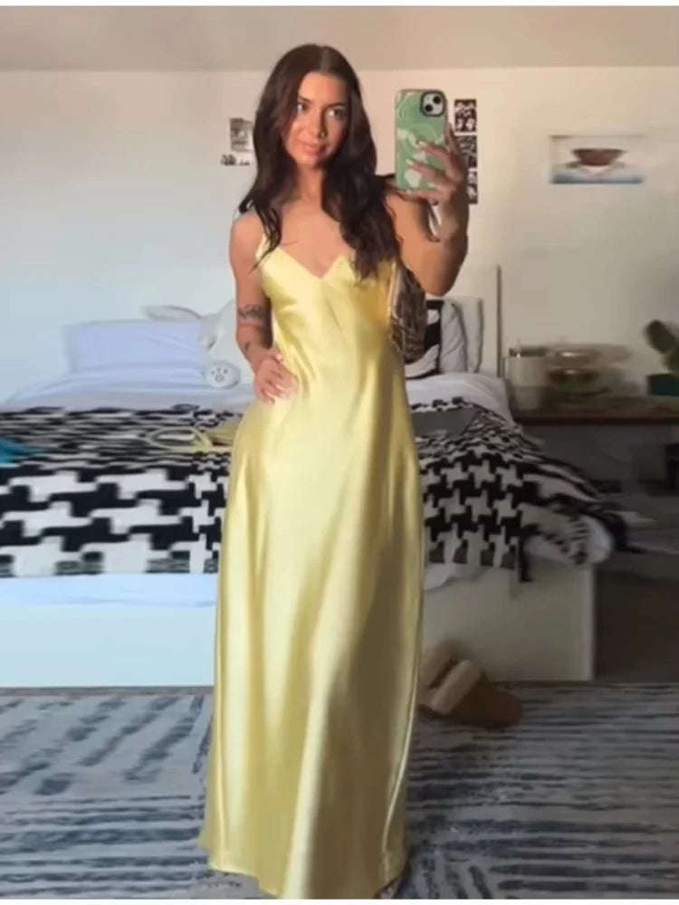Light Yellow Satin Midi Dress – Chic & Simple